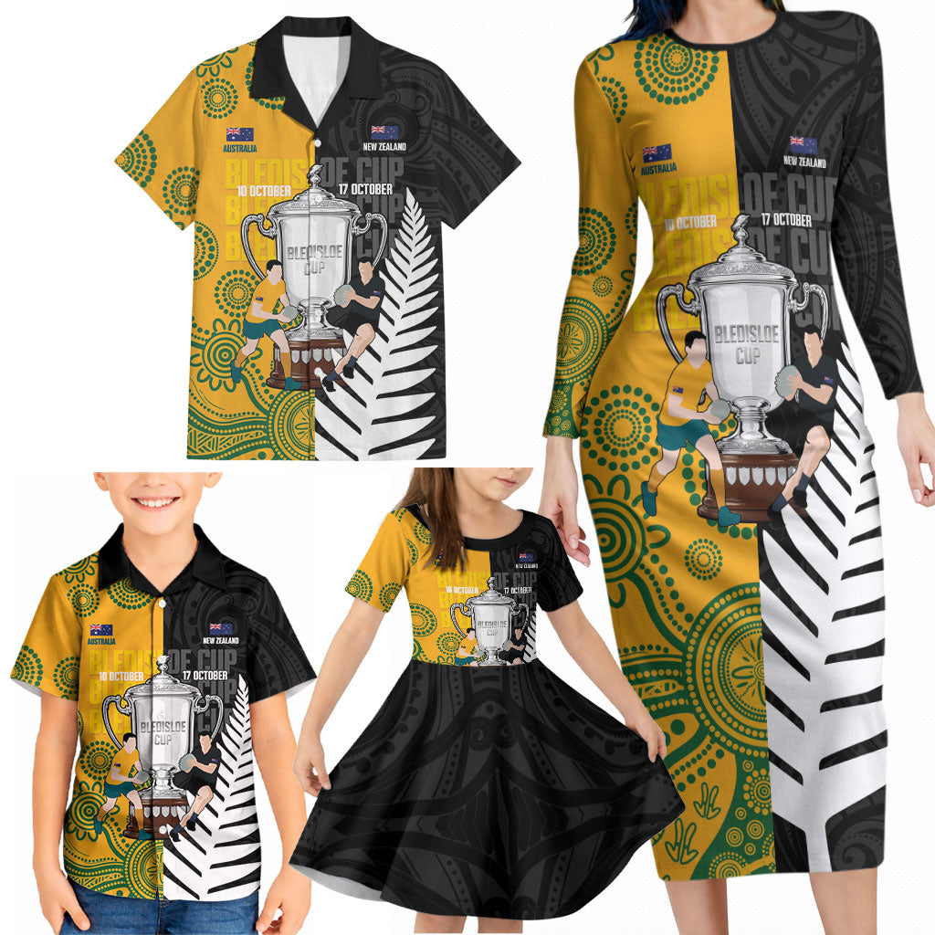 New Zealand Australia Rugby Bledisloe 2026 Custom Family Matching Long Sleeve Bodycon Dress and Hawaiian Shirt Champion Trophy Maori Aboriginal Art LT14 - Polynesian Pride