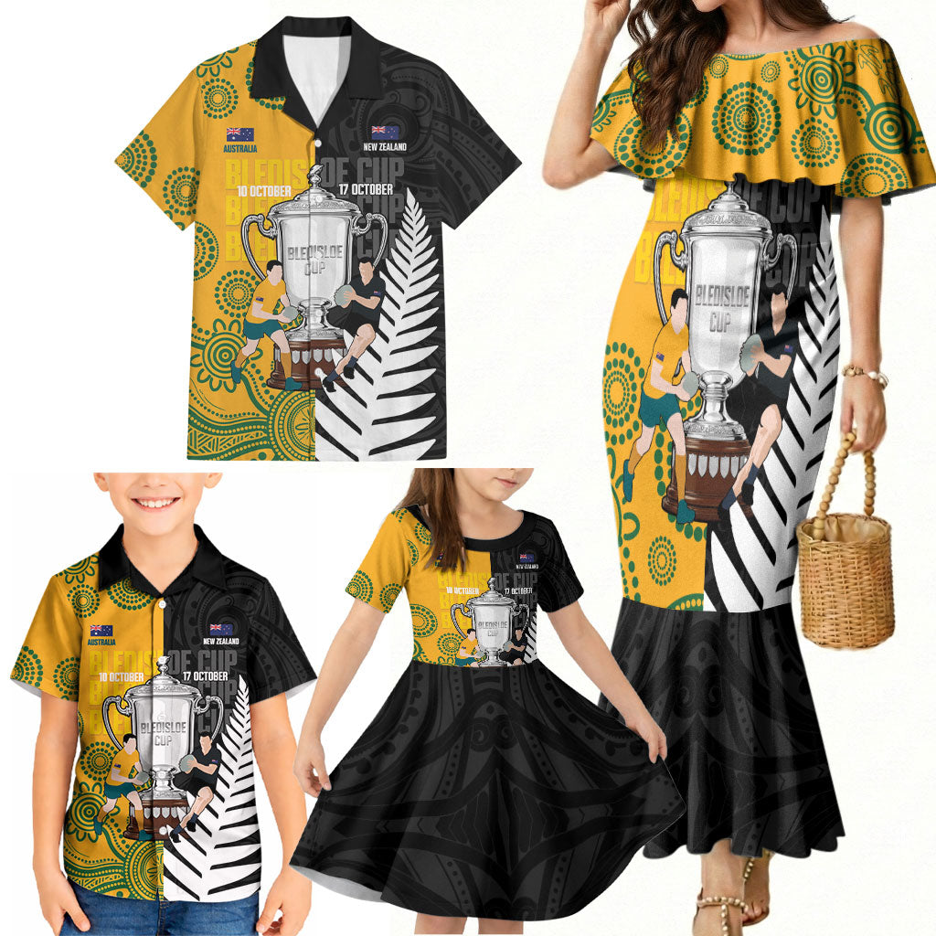 New Zealand Australia Rugby Bledisloe 2026 Custom Family Matching Mermaid Dress and Hawaiian Shirt Champion Trophy Maori Aboriginal Art LT14 - Polynesian Pride