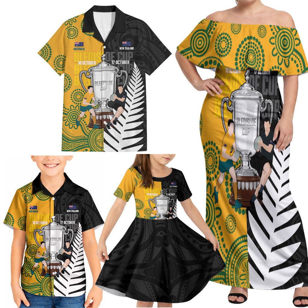 New Zealand Australia Rugby Bledisloe 2026 Custom Family Matching Off Shoulder Maxi Dress and Hawaiian Shirt Champion Trophy Maori Aboriginal Art LT14 - Polynesian Pride