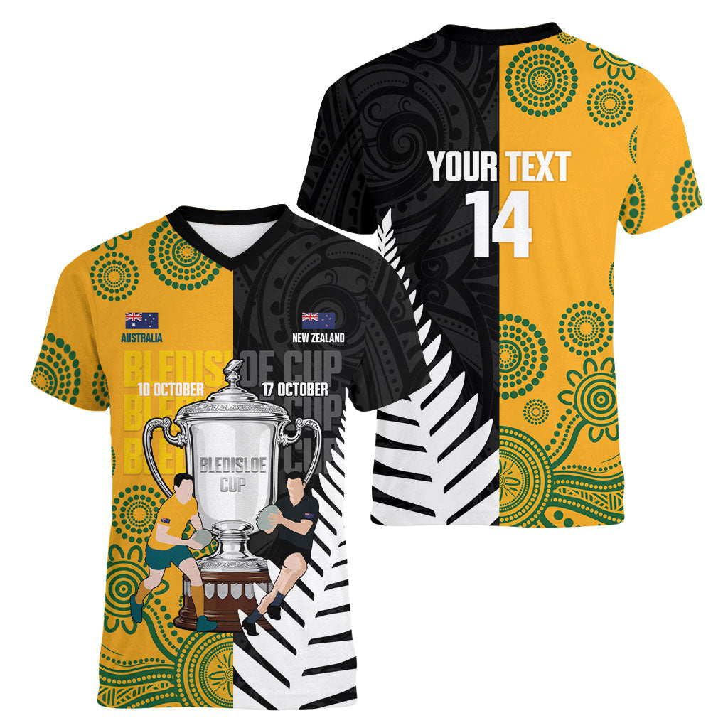 New Zealand Australia Rugby Bledisloe 2026 Custom Women V-Neck T-Shirt Champion Trophy Maori Aboriginal Art LT14 - Polynesian Pride