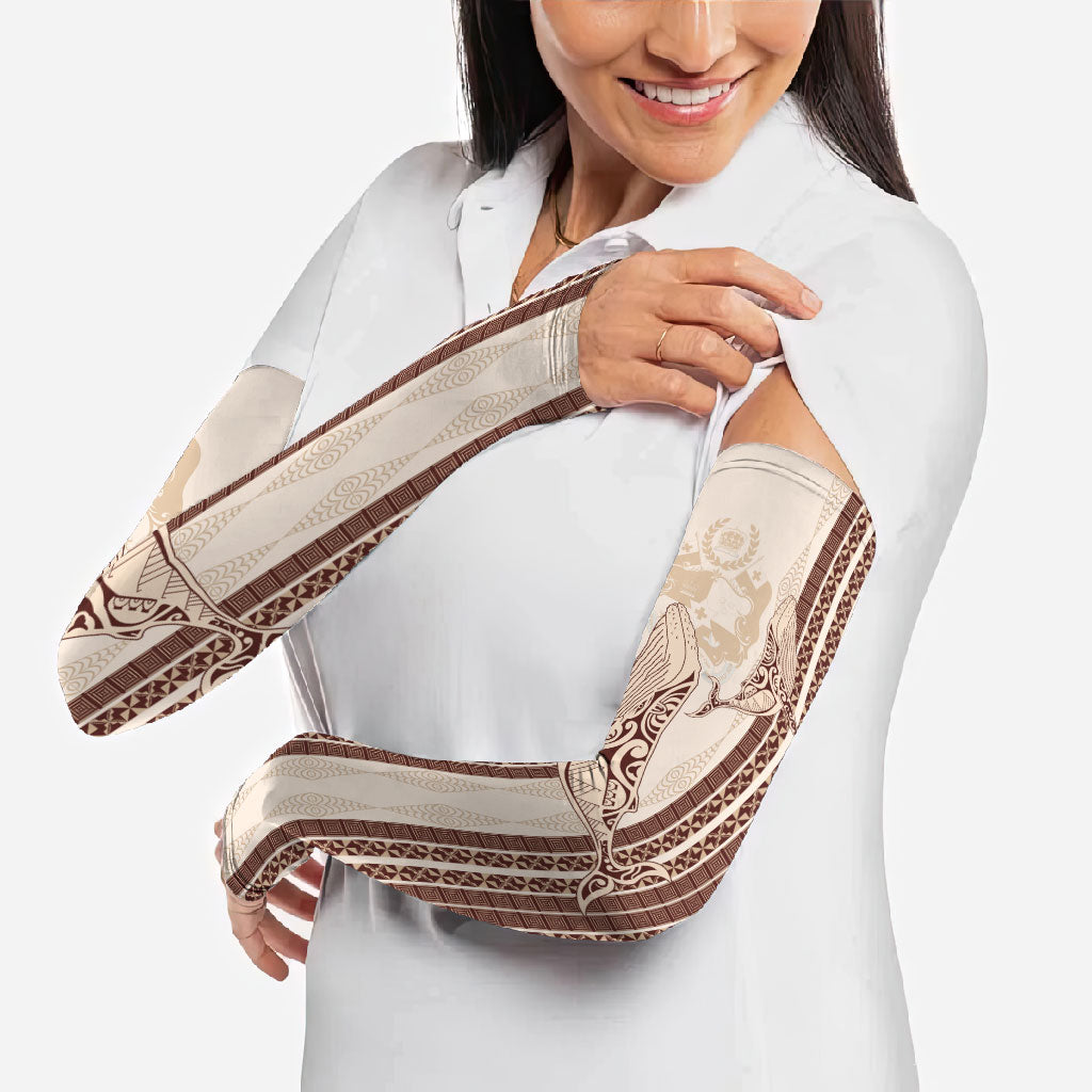 Swimming With Humpback Whales Season Tonga Arm Sleeves Tongan Tofuaa Ngatu Pattern Brown LT14 - Polynesian Pride