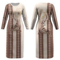 Swimming With Humpback Whales Season Tonga Couples Matching Long Sleeve Bodycon Dress and Long Sleeve Button Shirt Tongan Tofuaa Ngatu Pattern Brown LT14 - Polynesian Pride