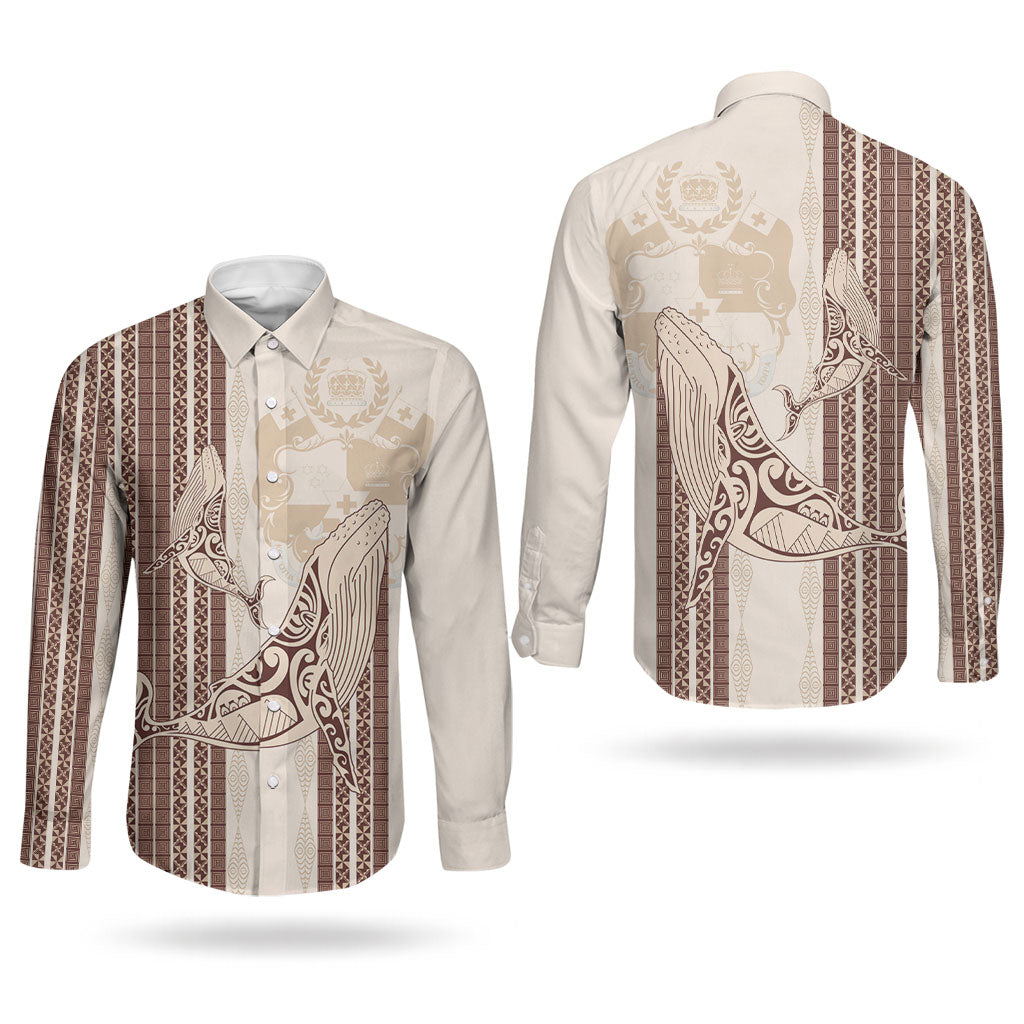 Swimming With Humpback Whales Season Tonga Couples Matching Off Shoulder Short Dress and Long Sleeve Button Shirt Tongan Tofuaa Ngatu Pattern Brown LT14 - Polynesian Pride