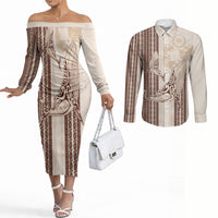 Swimming With Humpback Whales Season Tonga Couples Matching Off The Shoulder Long Sleeve Dress and Long Sleeve Button Shirt Tongan Tofuaa Ngatu Pattern Brown LT14 Brown - Polynesian Pride