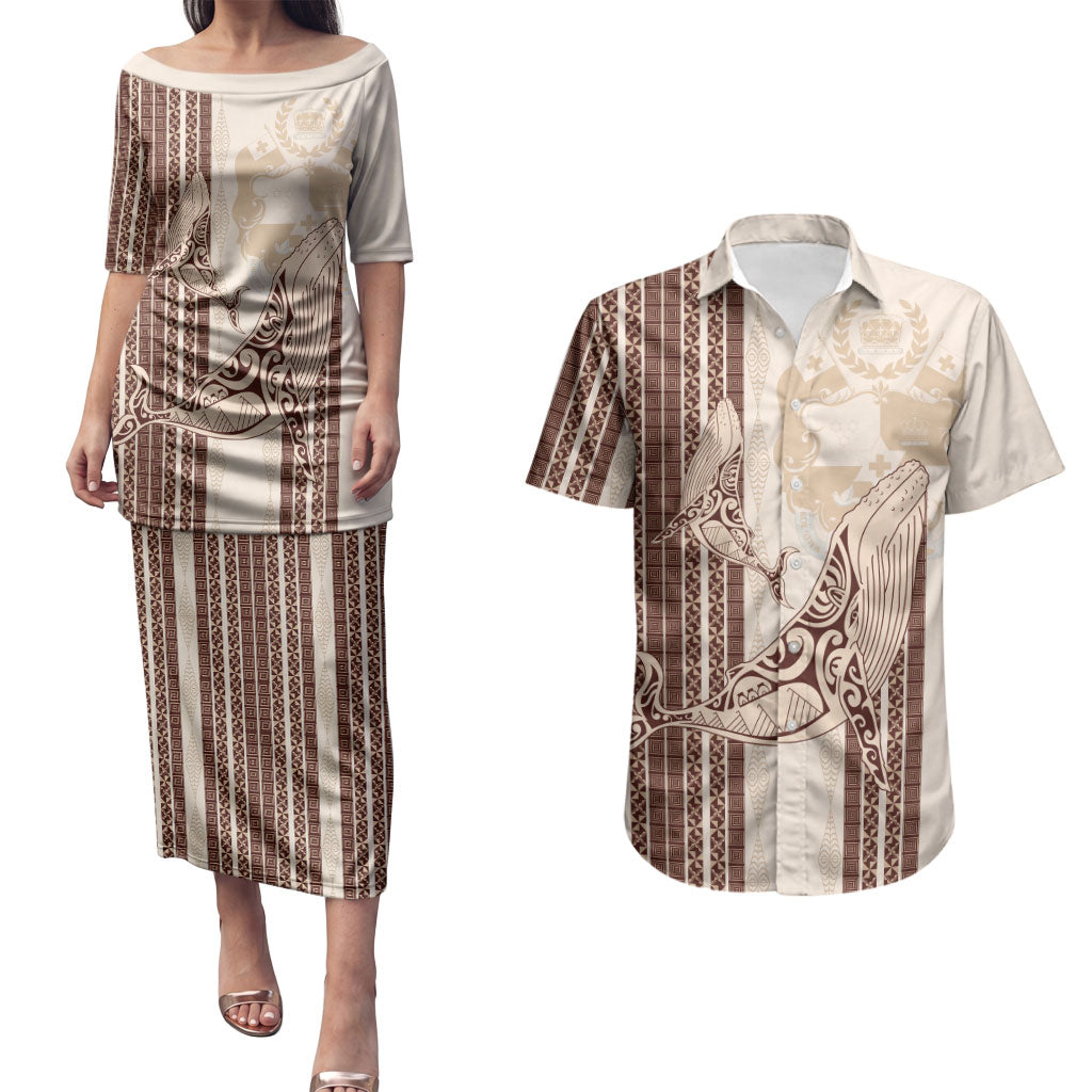 Swimming With Humpback Whales Season Tonga Couples Matching Puletasi and Hawaiian Shirt Tongan Tofuaa Ngatu Pattern Brown LT14 Brown - Polynesian Pride