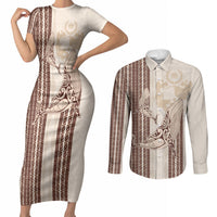 Swimming With Humpback Whales Season Tonga Couples Matching Short Sleeve Bodycon Dress and Long Sleeve Button Shirt Tongan Tofuaa Ngatu Pattern Brown LT14 Brown - Polynesian Pride
