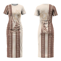 Swimming With Humpback Whales Season Tonga Couples Matching Short Sleeve Bodycon Dress and Long Sleeve Button Shirt Tongan Tofuaa Ngatu Pattern Brown LT14 - Polynesian Pride