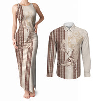 Swimming With Humpback Whales Season Tonga Couples Matching Tank Maxi Dress and Long Sleeve Button Shirt Tongan Tofuaa Ngatu Pattern Brown LT14 Brown - Polynesian Pride
