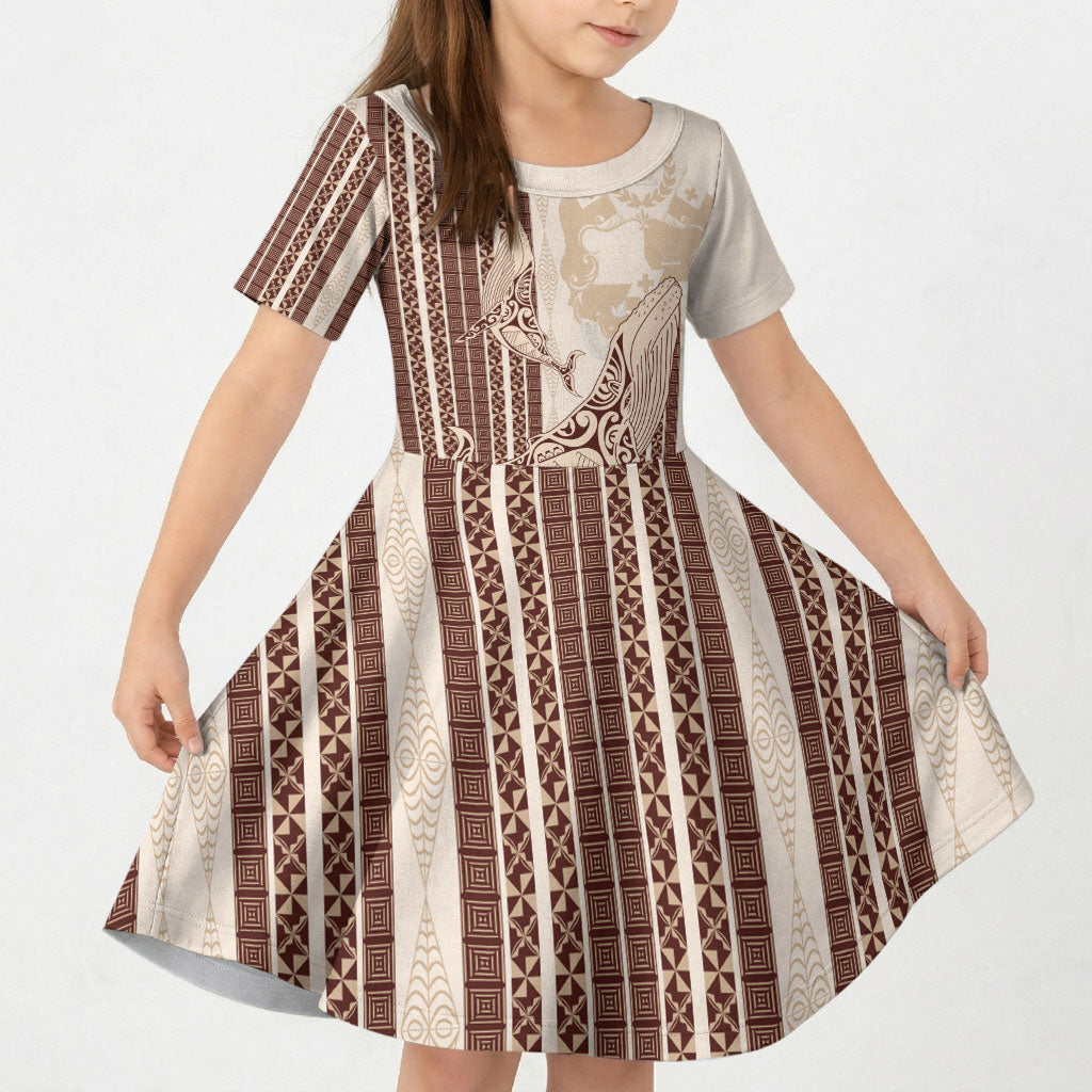 Swimming With Humpback Whales Season Tonga Kid Short Sleeve Dress Tongan Tofuaa Ngatu Pattern Brown LT14 KID Brown - Polynesian Pride