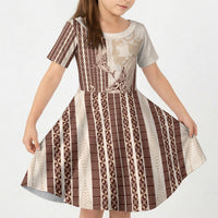Swimming With Humpback Whales Season Tonga Kid Short Sleeve Dress Tongan Tofuaa Ngatu Pattern Brown LT14 KID Brown - Polynesian Pride