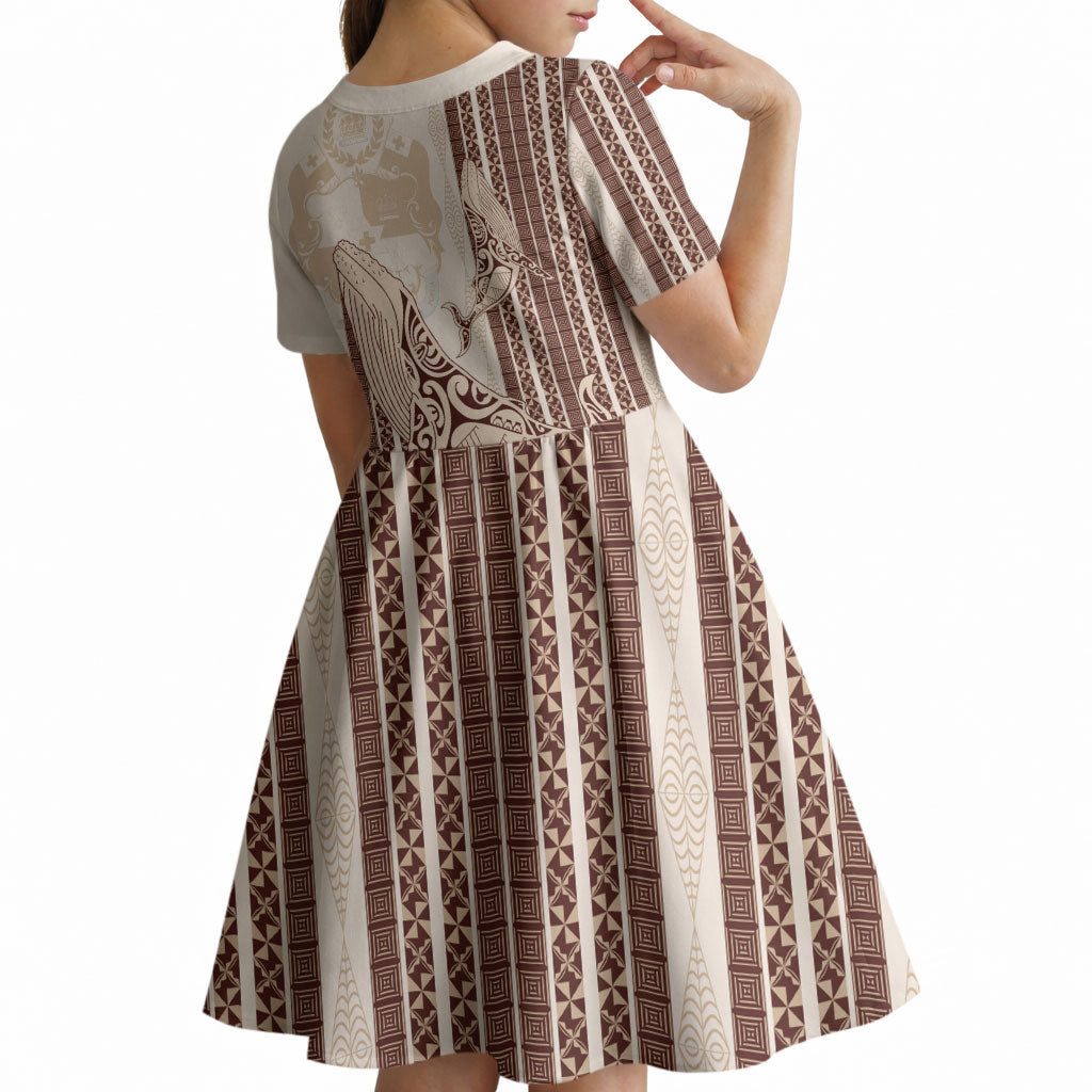 Swimming With Humpback Whales Season Tonga Kid Short Sleeve Dress Tongan Tofuaa Ngatu Pattern Brown LT14 - Polynesian Pride