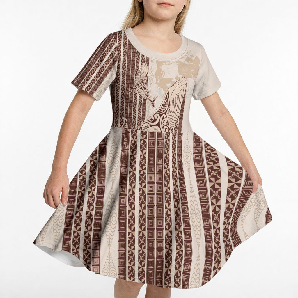 Swimming With Humpback Whales Season Tonga Kid Short Sleeve Dress Tongan Tofuaa Ngatu Pattern Brown LT14 - Polynesian Pride