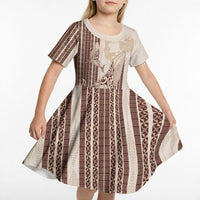 Swimming With Humpback Whales Season Tonga Kid Short Sleeve Dress Tongan Tofuaa Ngatu Pattern Brown LT14 - Polynesian Pride
