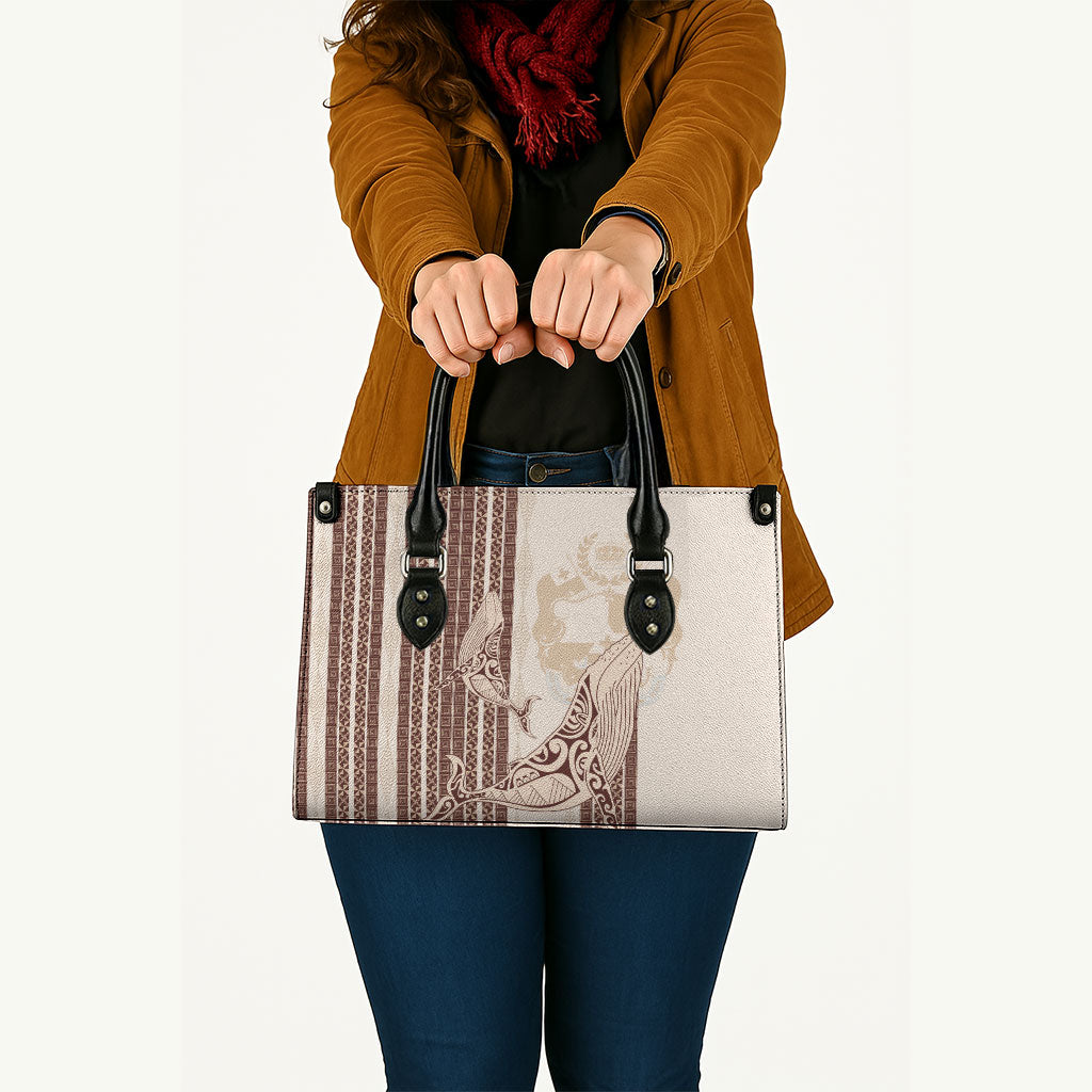 Swimming With Humpback Whales Season Tonga Leather Bag Tongan Tofuaa Ngatu Pattern Brown LT14 - Polynesian Pride