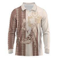 Swimming With Humpback Whales Season Tonga Long Sleeve Polo Shirt Tongan Tofuaa Ngatu Pattern Brown LT14 Brown - Polynesian Pride