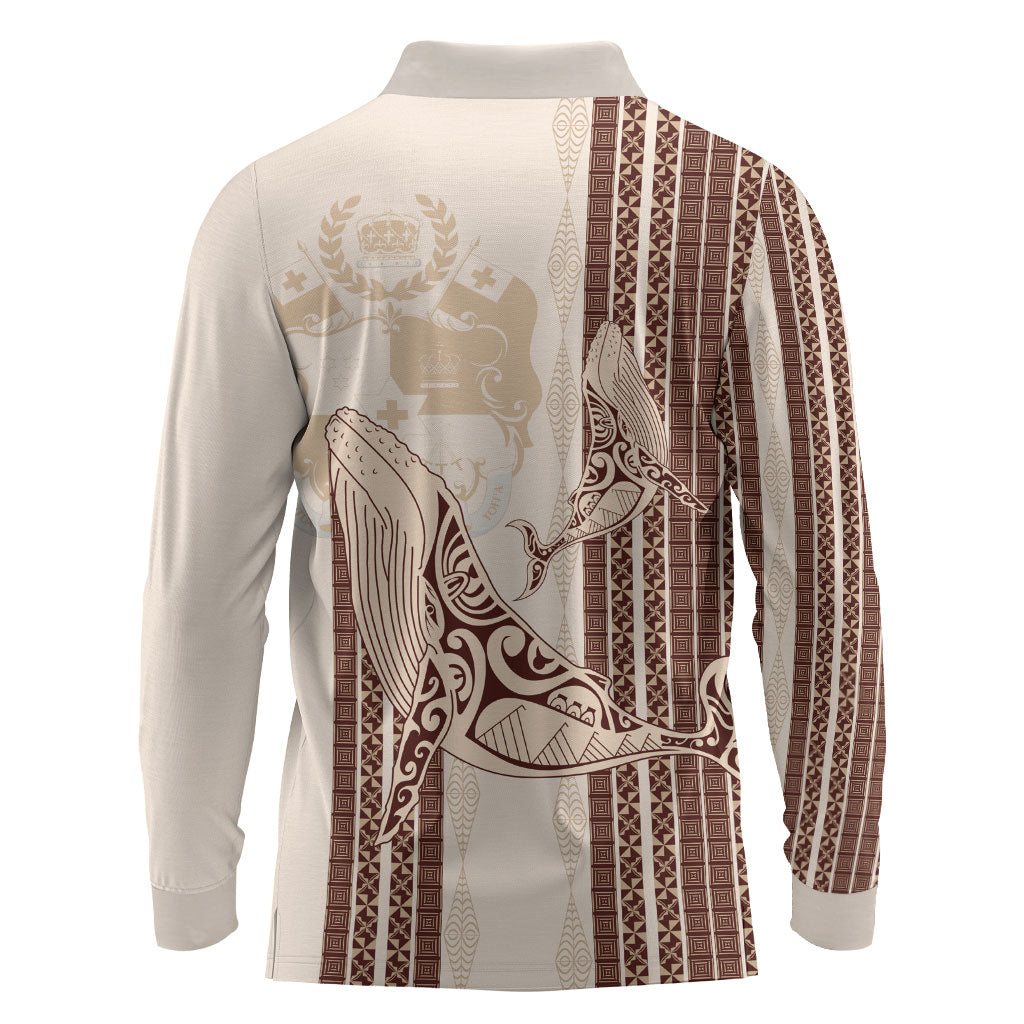 Swimming With Humpback Whales Season Tonga Long Sleeve Polo Shirt Tongan Tofuaa Ngatu Pattern Brown LT14 - Polynesian Pride