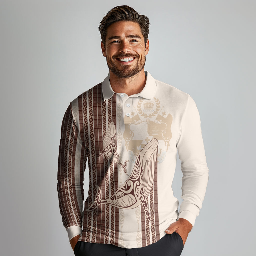 Swimming With Humpback Whales Season Tonga Long Sleeve Polo Shirt Tongan Tofuaa Ngatu Pattern Brown LT14 - Polynesian Pride