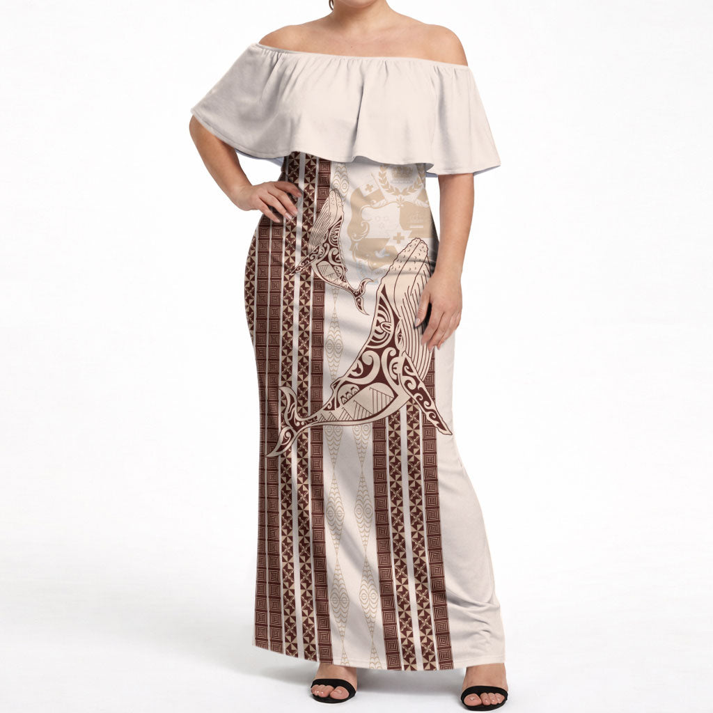 Swimming With Humpback Whales Season Tonga Off Shoulder Maxi Dress Tongan Tofuaa Ngatu Pattern Brown LT14 Women Brown - Polynesian Pride