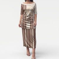Swimming With Humpback Whales Season Tonga Puletasi Tongan Tofuaa Ngatu Pattern Brown LT14 Long Dress Brown - Polynesian Pride