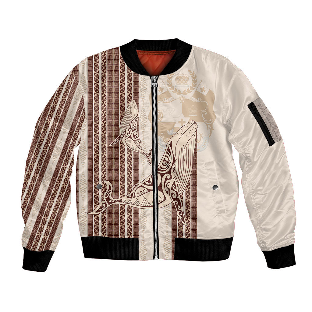 Swimming With Humpback Whales Season Tonga Sleeve Zip Bomber Jacket Tongan Tofuaa Ngatu Pattern Brown LT14 Unisex Brown - Polynesian Pride