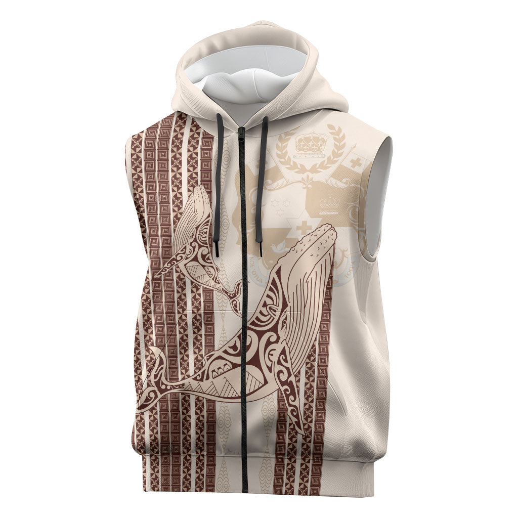 Swimming With Humpback Whales Season Tonga Sleeveless Zip Hoodie Tongan Tofuaa Ngatu Pattern Brown LT14 Brown - Polynesian Pride