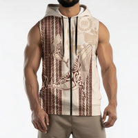 Swimming With Humpback Whales Season Tonga Sleeveless Zip Hoodie Tongan Tofuaa Ngatu Pattern Brown LT14 - Polynesian Pride