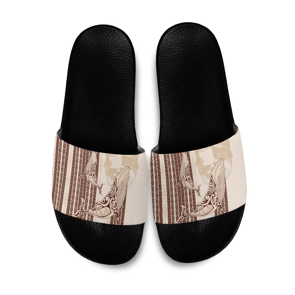 Swimming With Humpback Whales Season Tonga Slide Sandals Tongan Tofuaa Ngatu Pattern Brown LT14 Brown - Polynesian Pride