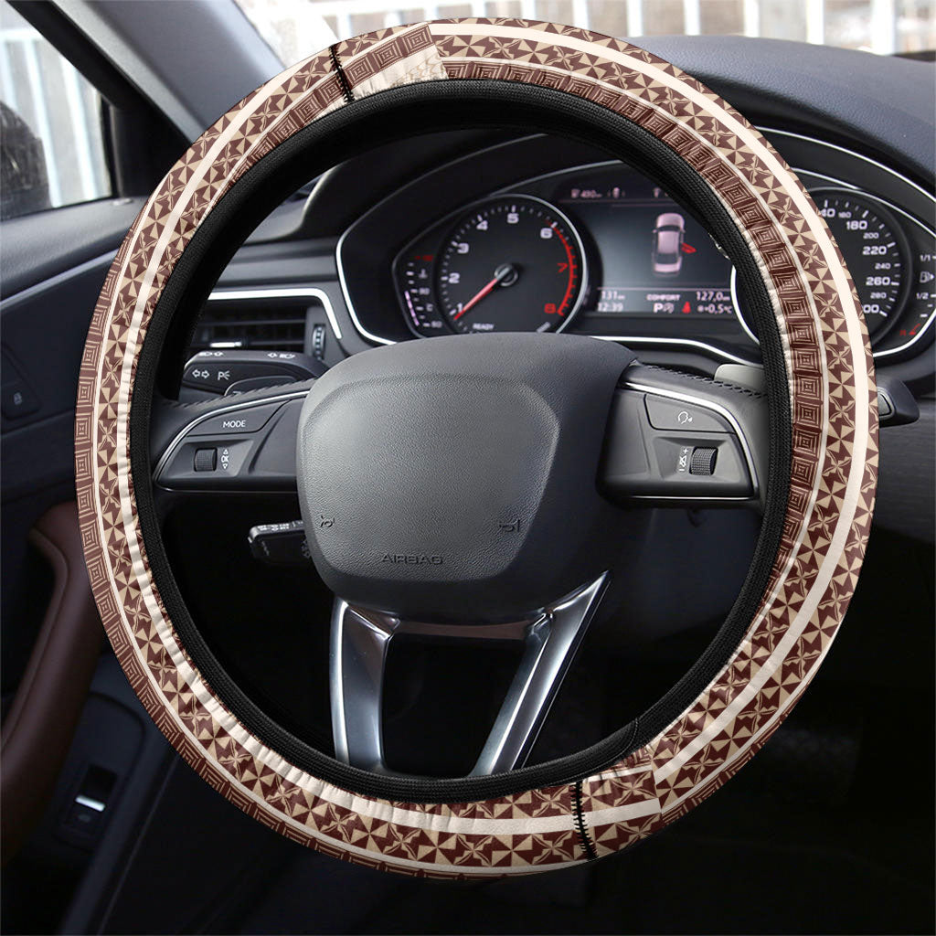 Swimming With Humpback Whales Season Tonga Steering Wheel Cover Tongan Tofuaa Ngatu Pattern Brown LT14 - Polynesian Pride