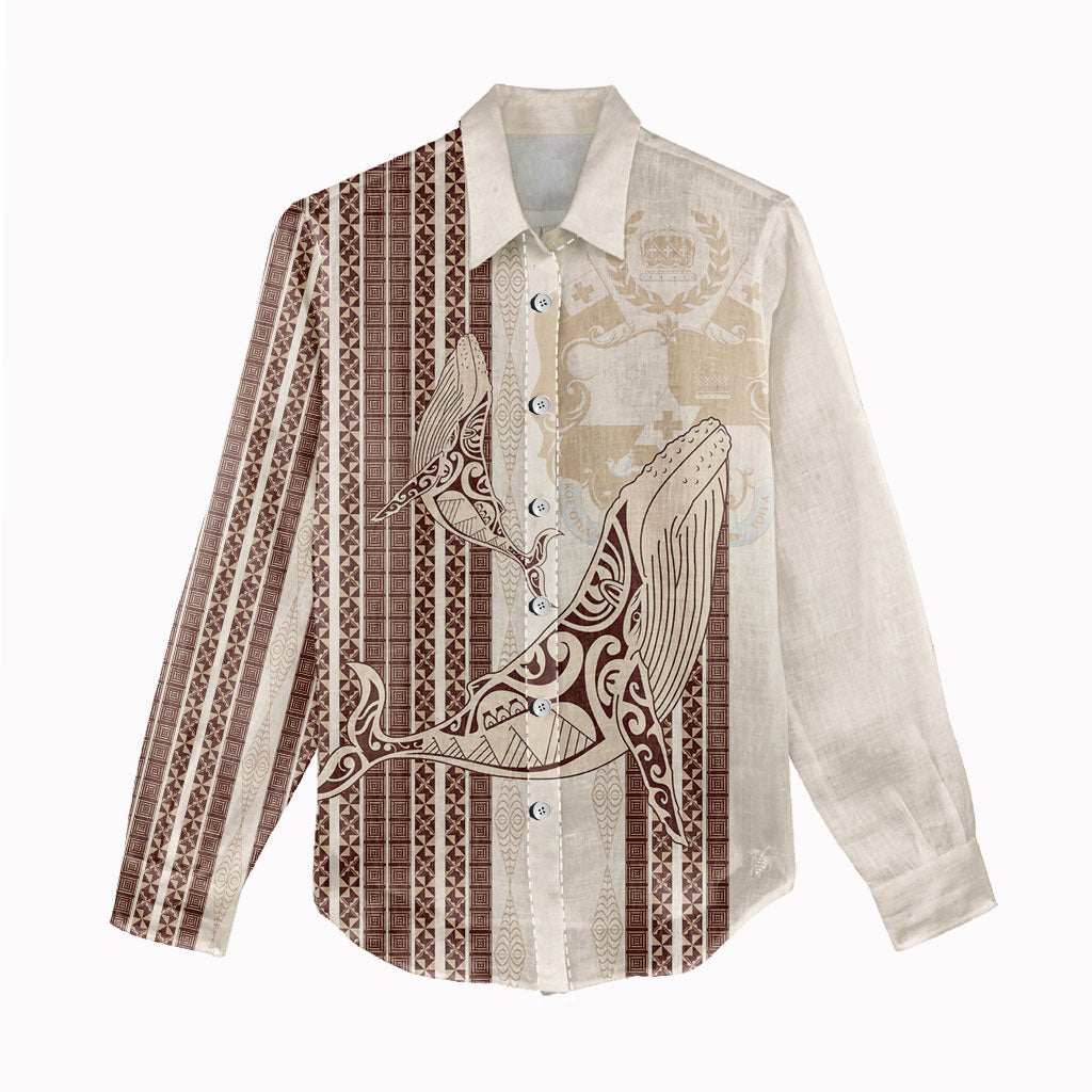 Swimming With Humpback Whales Season Tonga Women Casual Shirt Tongan Tofuaa Ngatu Pattern Brown LT14 - Polynesian Pride
