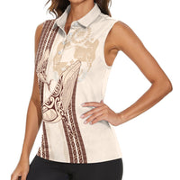 Swimming With Humpback Whales Season Tonga Women Sleeveless Polo Shirt Tongan Tofuaa Ngatu Pattern Brown LT14 - Polynesian Pride