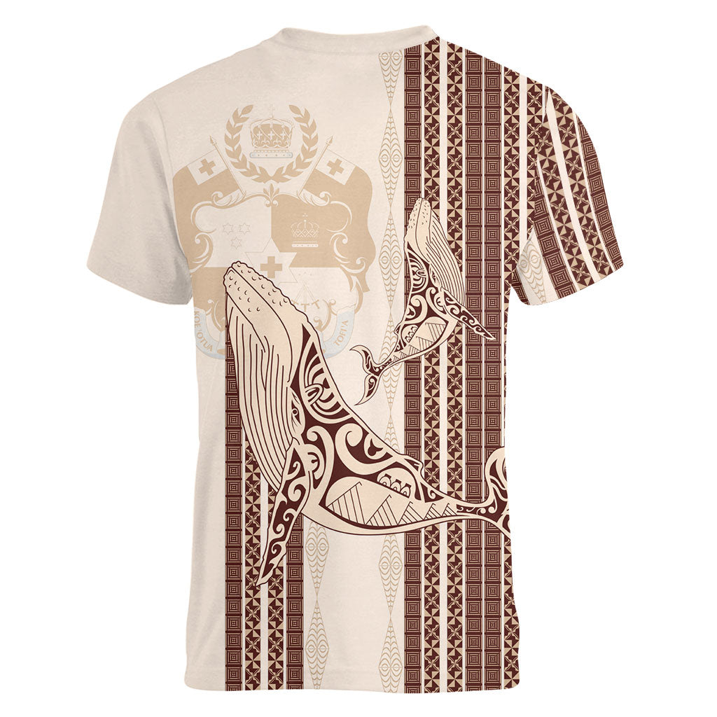 Swimming With Humpback Whales Season Tonga Women V-Neck T-Shirt Tongan Tofuaa Ngatu Pattern Brown LT14 - Polynesian Pride