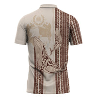 Swimming With Humpback Whales Season Tonga Zipper Polo Shirt Tongan Tofuaa Ngatu Pattern Brown LT14 - Polynesian Pride