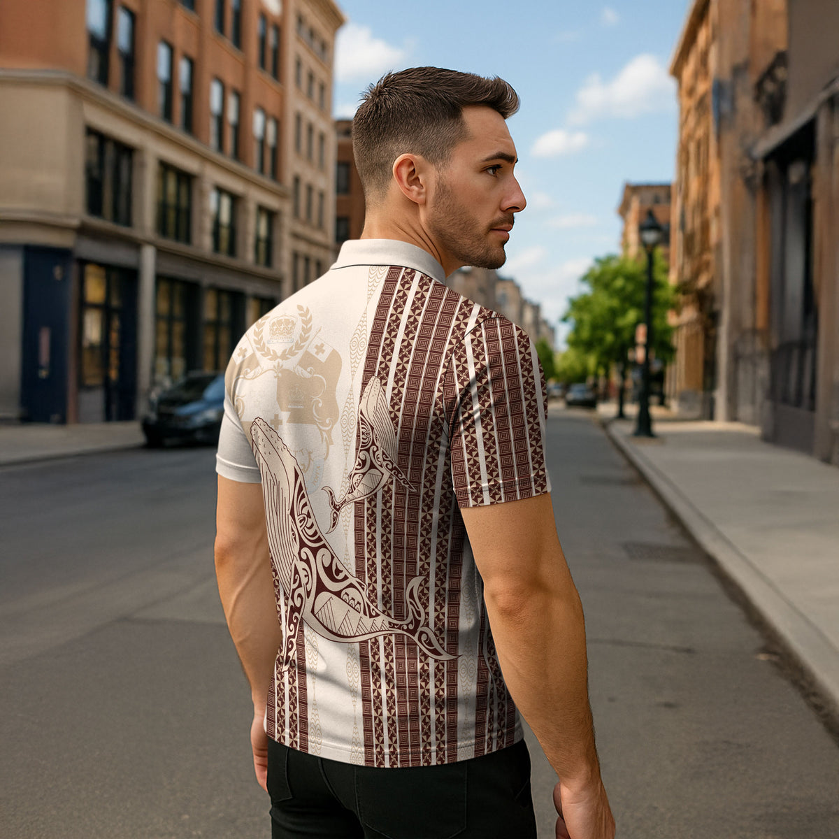 Swimming With Humpback Whales Season Tonga Zipper Polo Shirt Tongan Tofuaa Ngatu Pattern Brown LT14 - Polynesian Pride