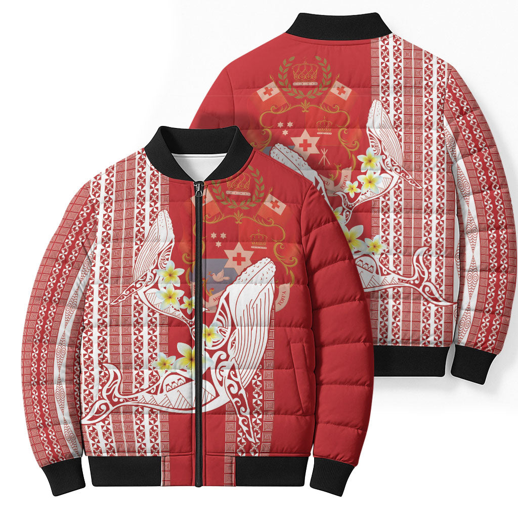 Swimming With Humpback Whales Season Tonga Bomber Puffer Jacket Tongan Tofuaa Ngatu Pattern Red LT14 - Polynesian Pride
