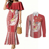 Swimming With Humpback Whales Season Tonga Couples Matching Mermaid Dress and Long Sleeve Button Shirt Tongan Tofuaa Ngatu Pattern Red LT14 Red - Polynesian Pride