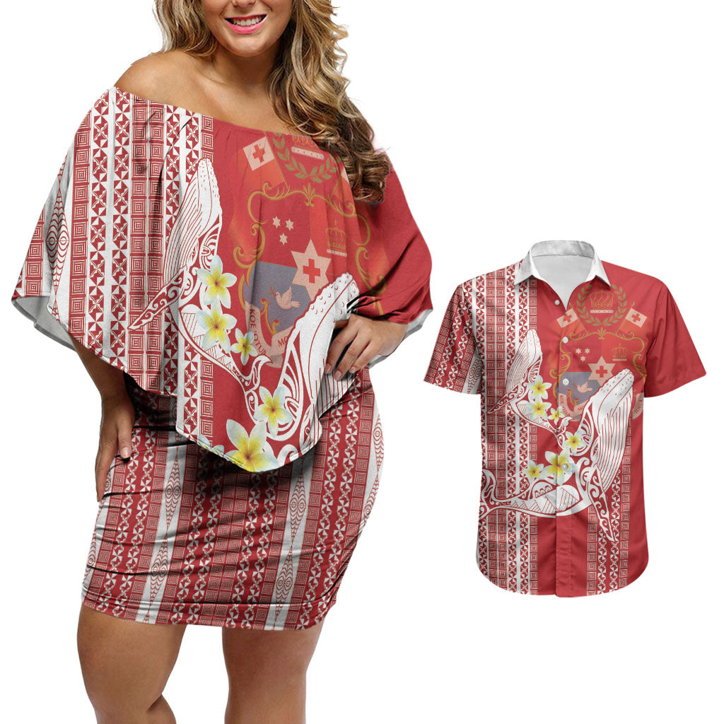 Swimming With Humpback Whales Season Tonga Couples Matching Off Shoulder Short Dress and Hawaiian Shirt Tongan Tofuaa Ngatu Pattern Red LT14 Red - Polynesian Pride