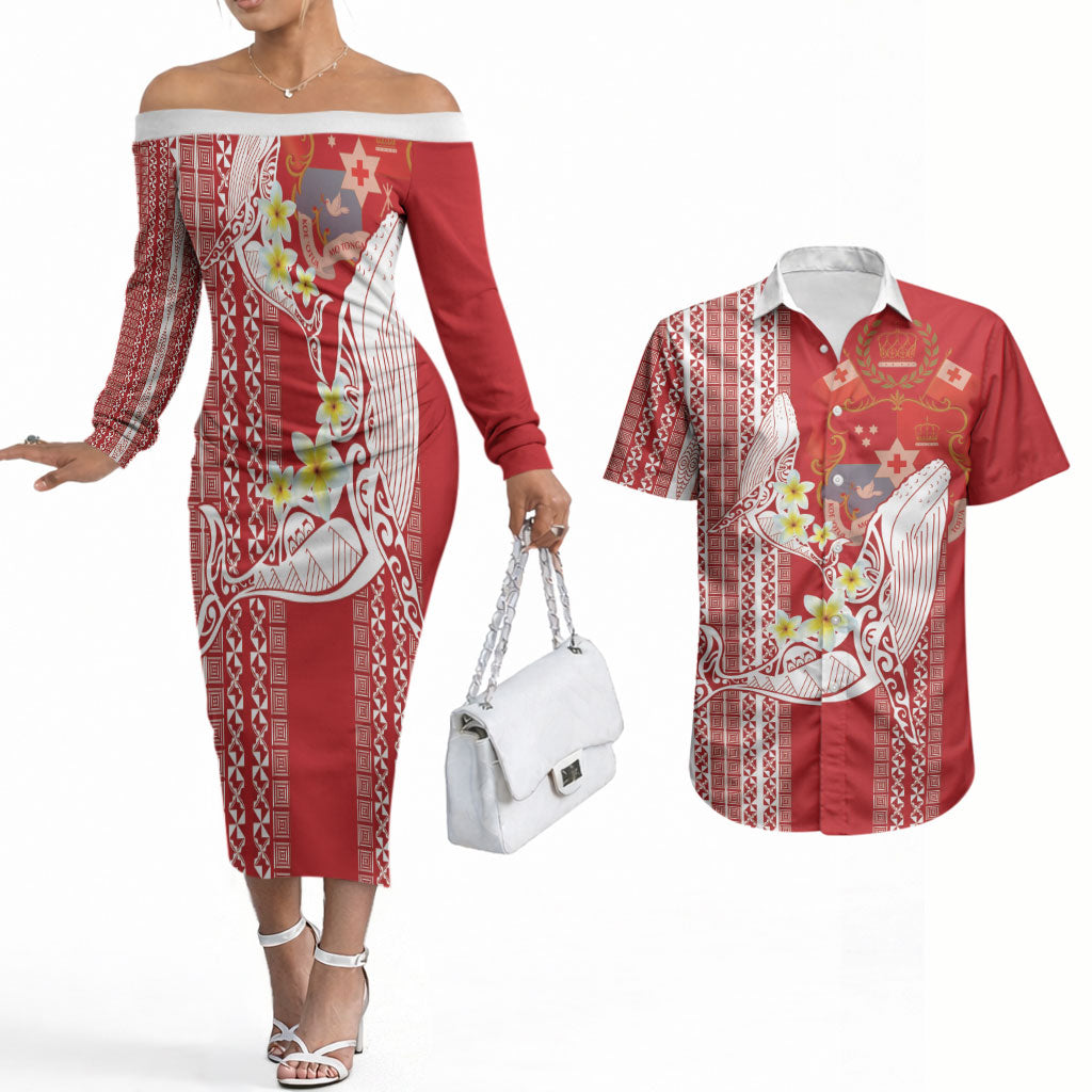 Swimming With Humpback Whales Season Tonga Couples Matching Off The Shoulder Long Sleeve Dress and Hawaiian Shirt Tongan Tofuaa Ngatu Pattern Red LT14 Red - Polynesian Pride