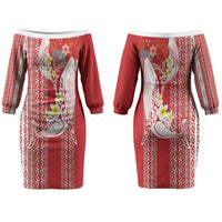 Swimming With Humpback Whales Season Tonga Couples Matching Off The Shoulder Long Sleeve Dress and Long Sleeve Button Shirt Tongan Tofuaa Ngatu Pattern Red LT14 - Polynesian Pride