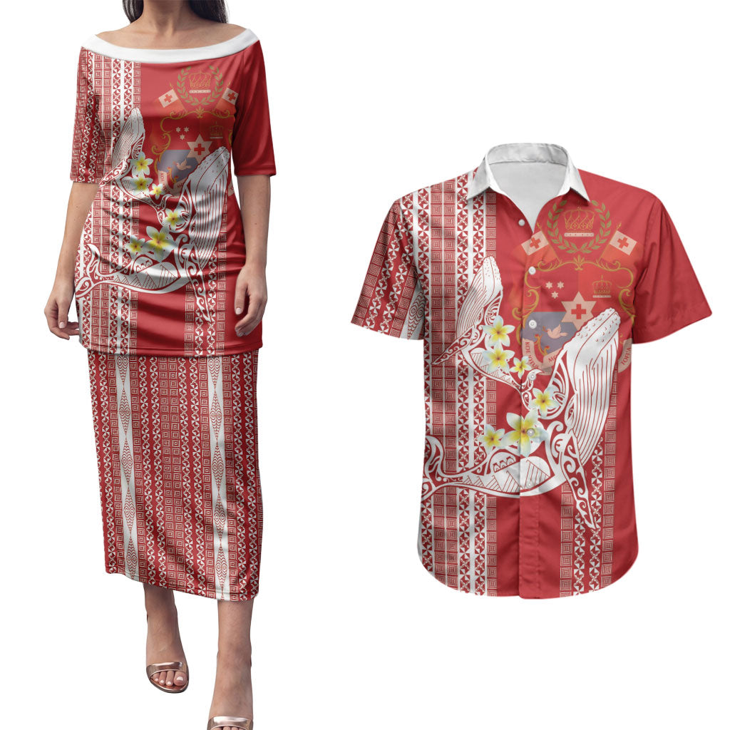 Swimming With Humpback Whales Season Tonga Couples Matching Puletasi and Hawaiian Shirt Tongan Tofuaa Ngatu Pattern Red LT14 Red - Polynesian Pride