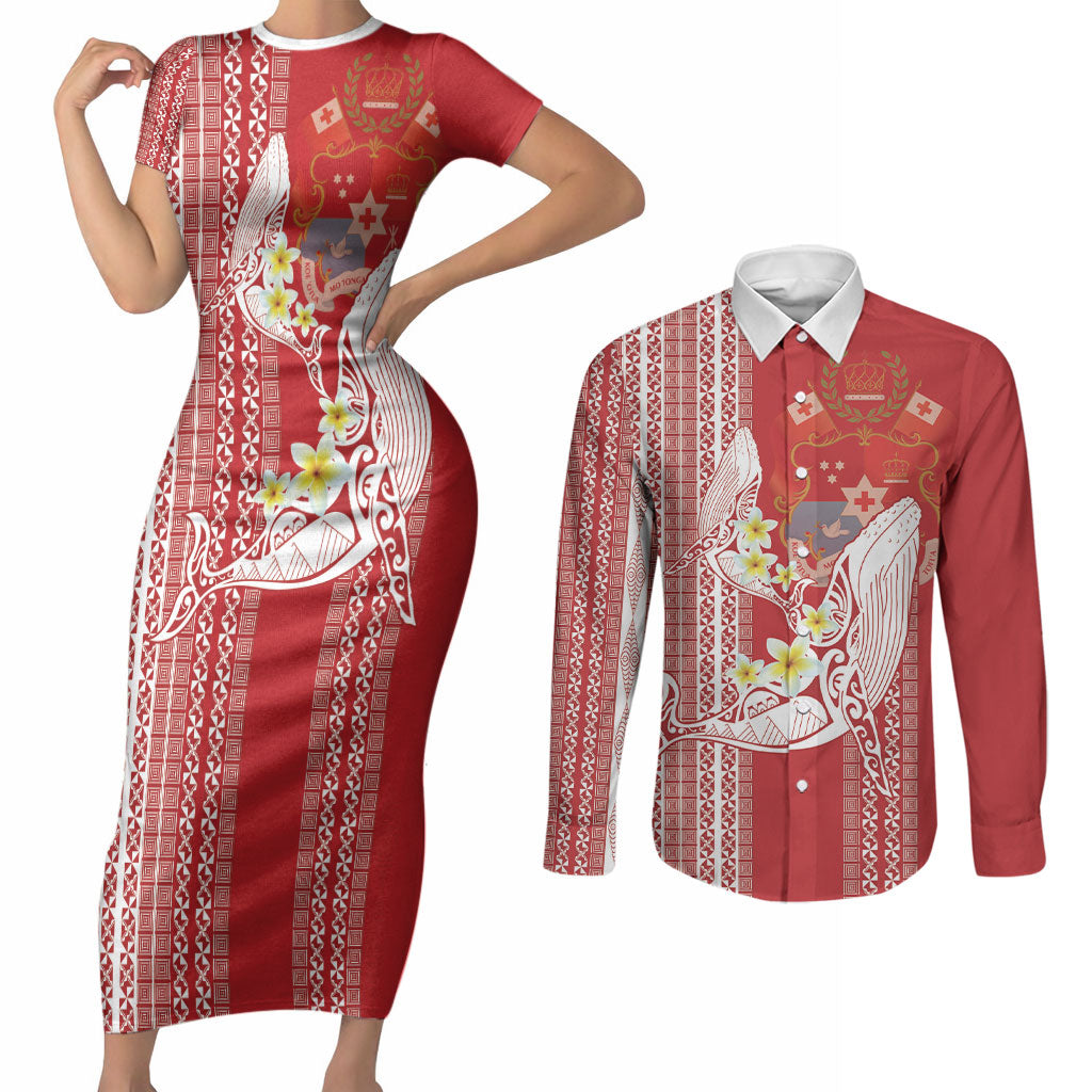 Swimming With Humpback Whales Season Tonga Couples Matching Short Sleeve Bodycon Dress and Long Sleeve Button Shirt Tongan Tofuaa Ngatu Pattern Red LT14 Red - Polynesian Pride
