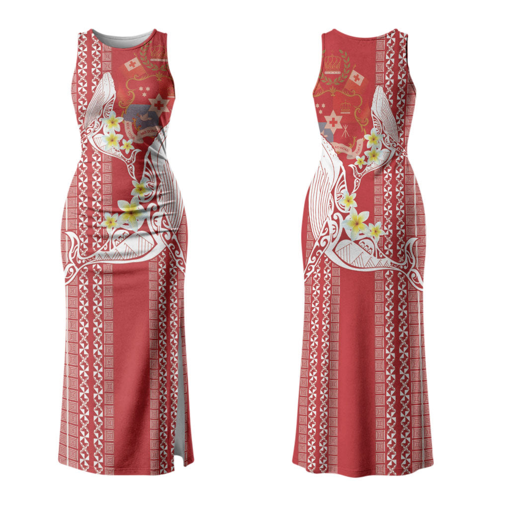 Swimming With Humpback Whales Season Tonga Couples Matching Tank Maxi Dress and Long Sleeve Button Shirt Tongan Tofuaa Ngatu Pattern Red LT14 - Polynesian Pride