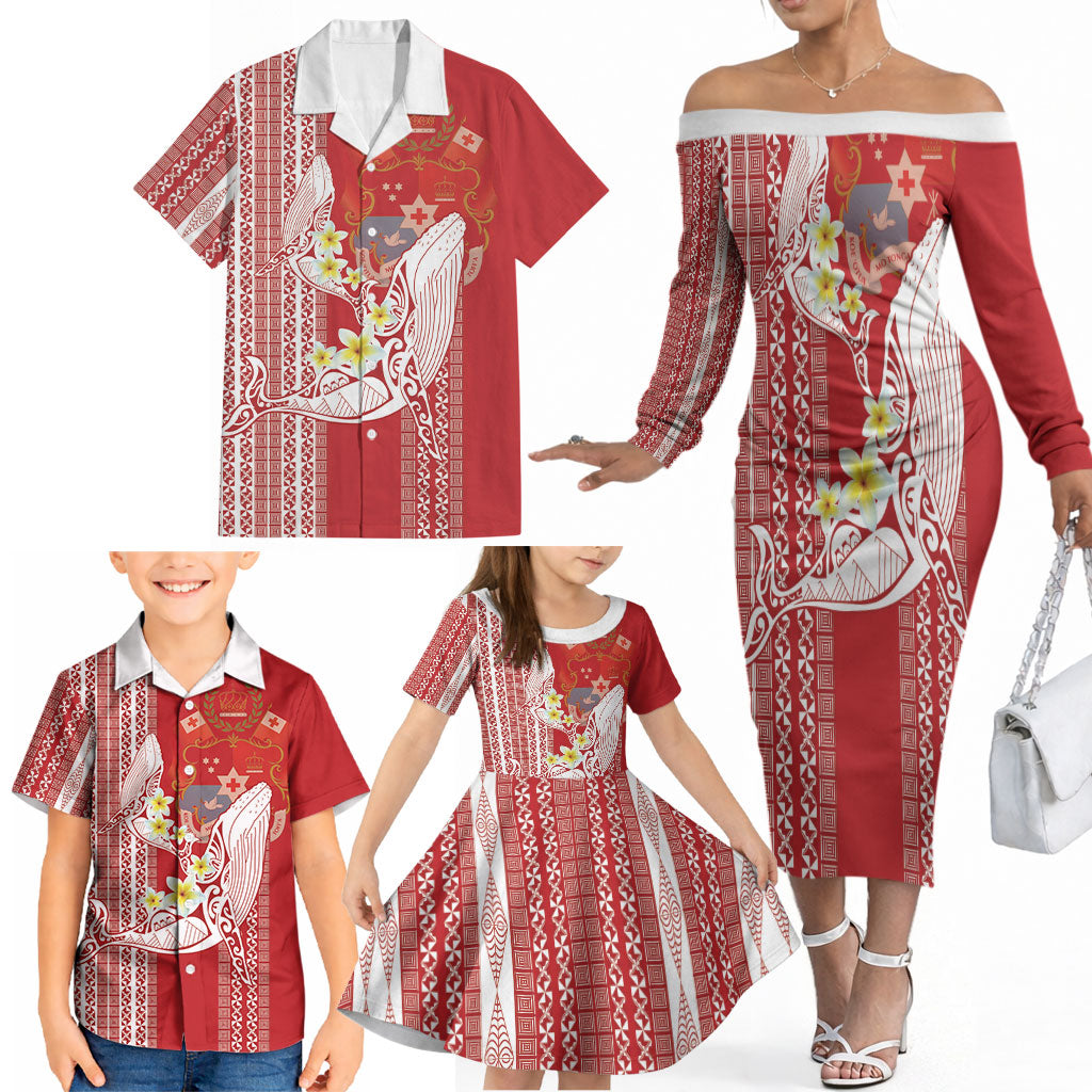 Swimming With Humpback Whales Season Tonga Family Matching Off The Shoulder Long Sleeve Dress and Hawaiian Shirt Tongan Tofuaa Ngatu Pattern Red LT14 - Polynesian Pride