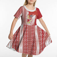 Swimming With Humpback Whales Season Tonga Kid Short Sleeve Dress Tongan Tofuaa Ngatu Pattern Red LT14 - Polynesian Pride