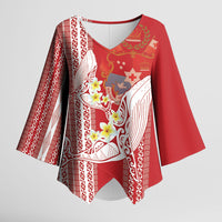 Swimming With Humpback Whales Season Tonga Kimono Sleeve Blouse Tongan Tofuaa Ngatu Pattern Red LT14 Female Red - Polynesian Pride