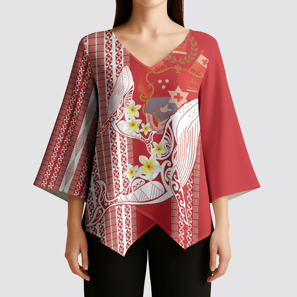 Swimming With Humpback Whales Season Tonga Kimono Sleeve Blouse Tongan Tofuaa Ngatu Pattern Red LT14 - Polynesian Pride
