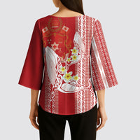 Swimming With Humpback Whales Season Tonga Kimono Sleeve Blouse Tongan Tofuaa Ngatu Pattern Red LT14 - Polynesian Pride