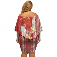 Swimming With Humpback Whales Season Tonga Off Shoulder Short Dress Tongan Tofuaa Ngatu Pattern Red LT14 - Polynesian Pride