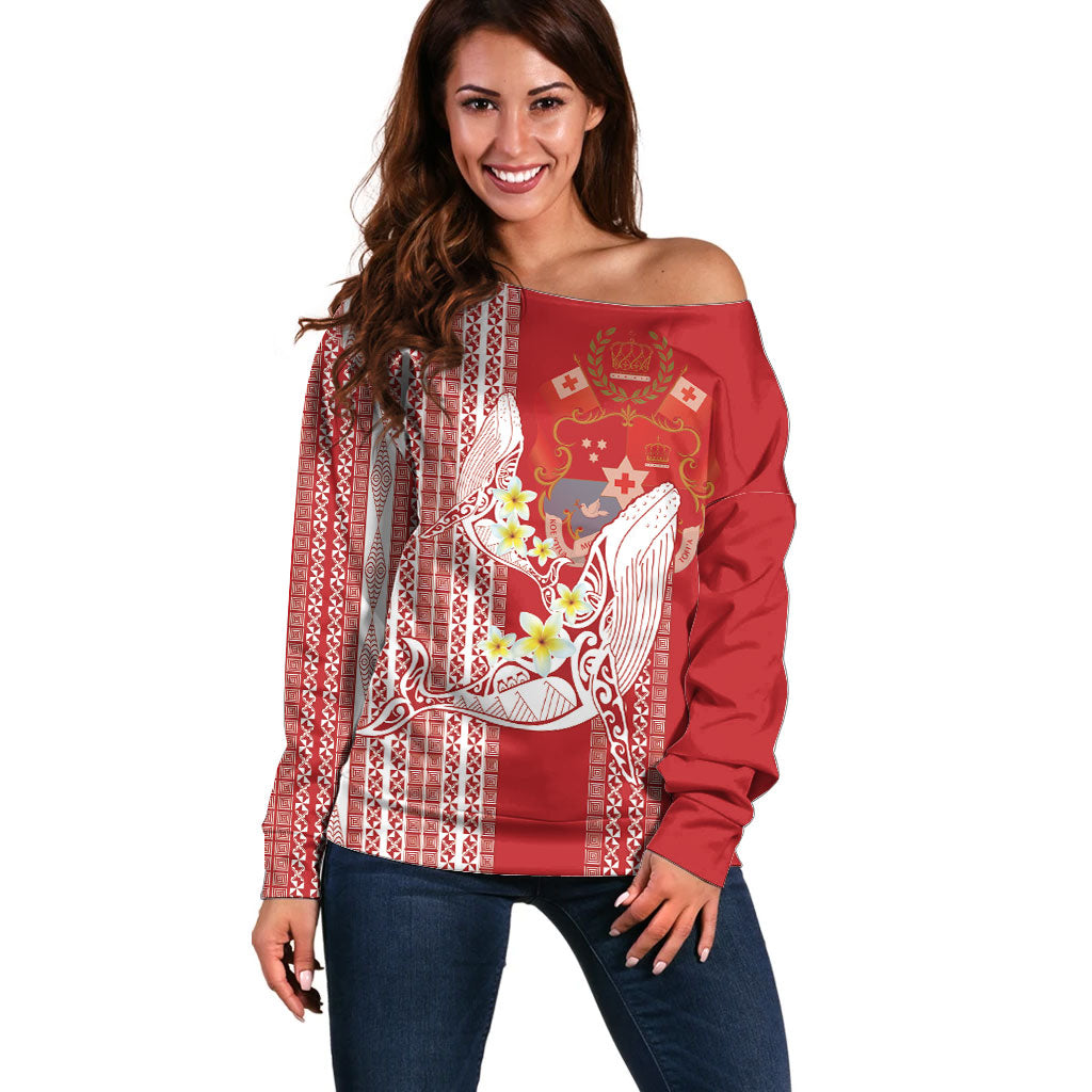Swimming With Humpback Whales Season Tonga Off Shoulder Sweater Tongan Tofuaa Ngatu Pattern Red LT14 Women Red - Polynesian Pride