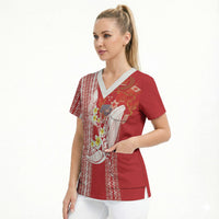 Swimming With Humpback Whales Season Tonga Scrub Top Tongan Tofuaa Ngatu Pattern Red LT14 - Polynesian Pride