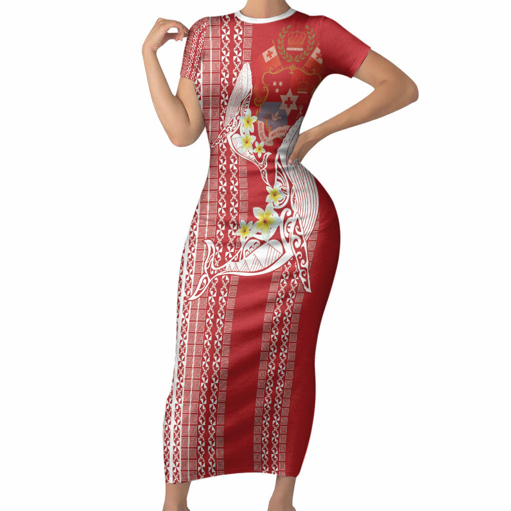 Swimming With Humpback Whales Season Tonga Short Sleeve Bodycon Dress Tongan Tofuaa Ngatu Pattern Red LT14 Long Dress Red - Polynesian Pride